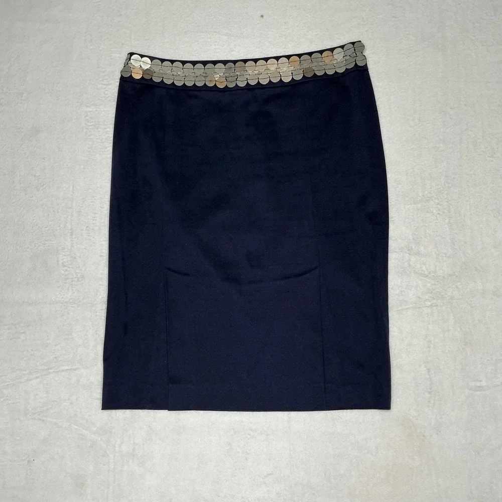 Tory‎ Burch Navy Blue Pencil Skirt Sequined Embellished Waist Slit Size 6